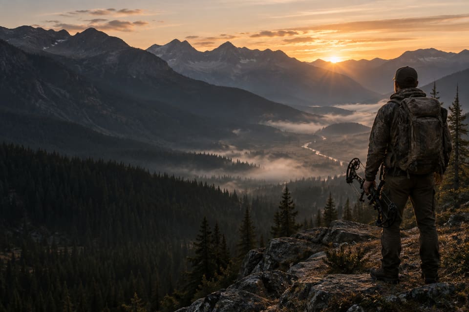 A bowhunter overlooking a rugged mountain valley at sunrise