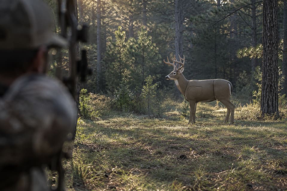 Foam whitetail target on a wooded practice range with an archer in the foreground